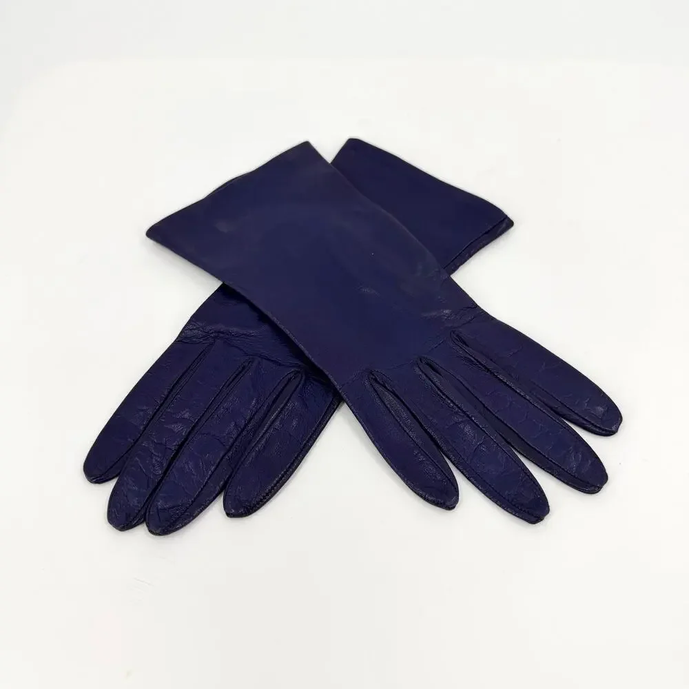 Vintage 80s Purple Genuine Leather Sleek Elegant Mid Length Gloves